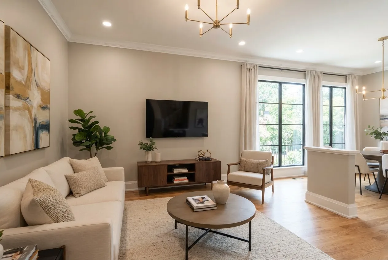 Finished interior living room with freshly painted white walls and trim